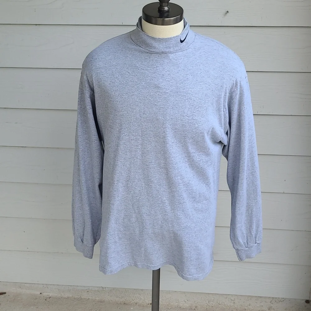 NIKE‎ Check Logo USA Cotton Grey Mens Large Long Sleeve Shirt Y2K 90s RARE